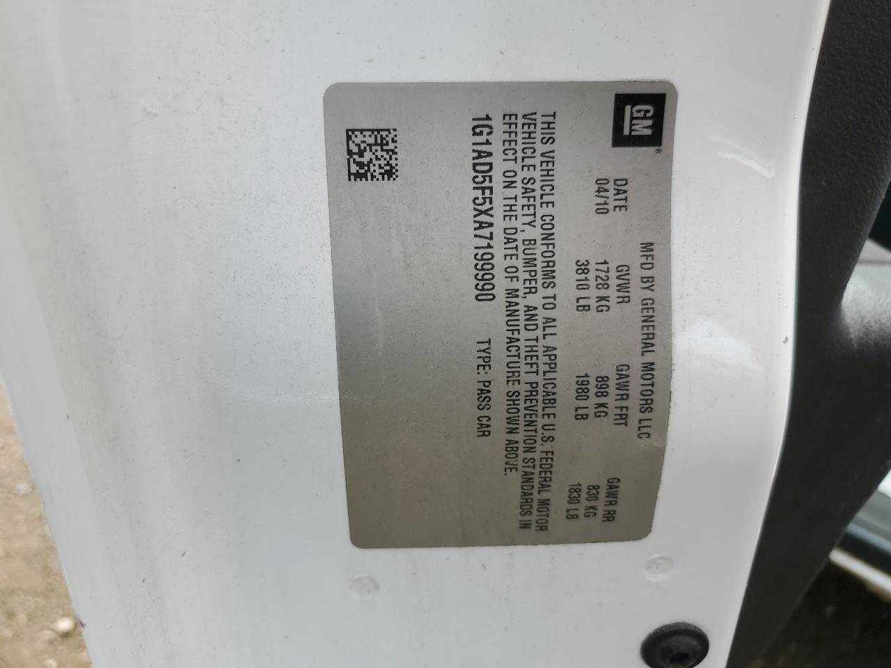 2010 Chevrolet Cobalt 1Lt VIN: 1G1AD5F5XA7199990 Lot: 80958685