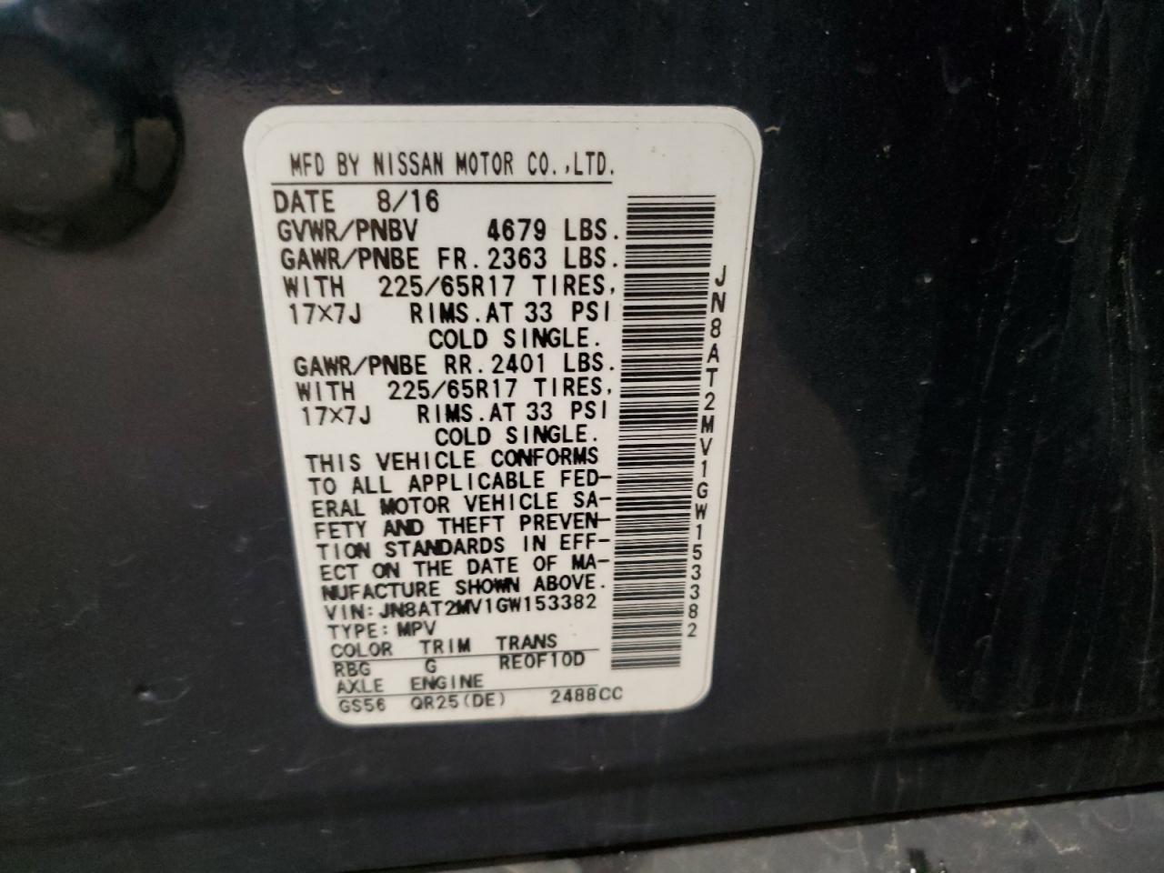 2016 Nissan Rogue S VIN: JN8AT2MV1GW153382 Lot: 84035985