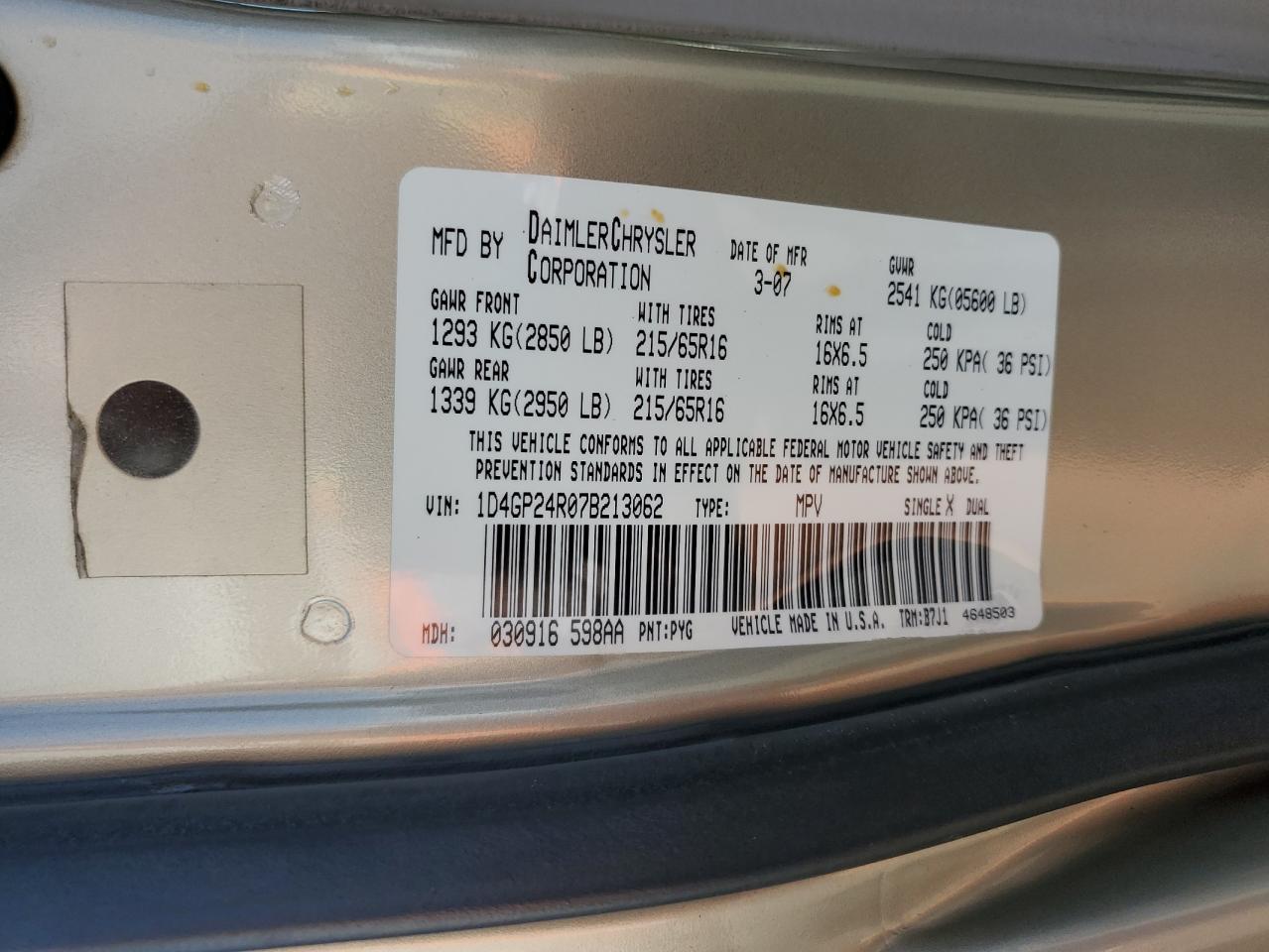 2007 Dodge Grand Caravan Se VIN: 1D4GP24R07B213062 Lot: 80030755