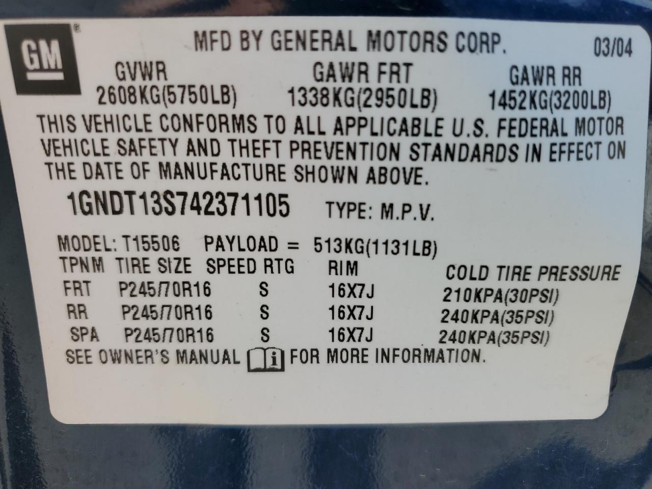 2004 Chevrolet Trailblazer Ls VIN: 1GNDT13S742371105 Lot: 70851435