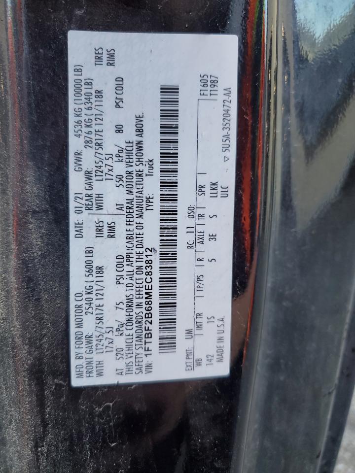 2021 Ford F250 Super Duty VIN: 1FTBF2B68MEC83812 Lot: 70706505