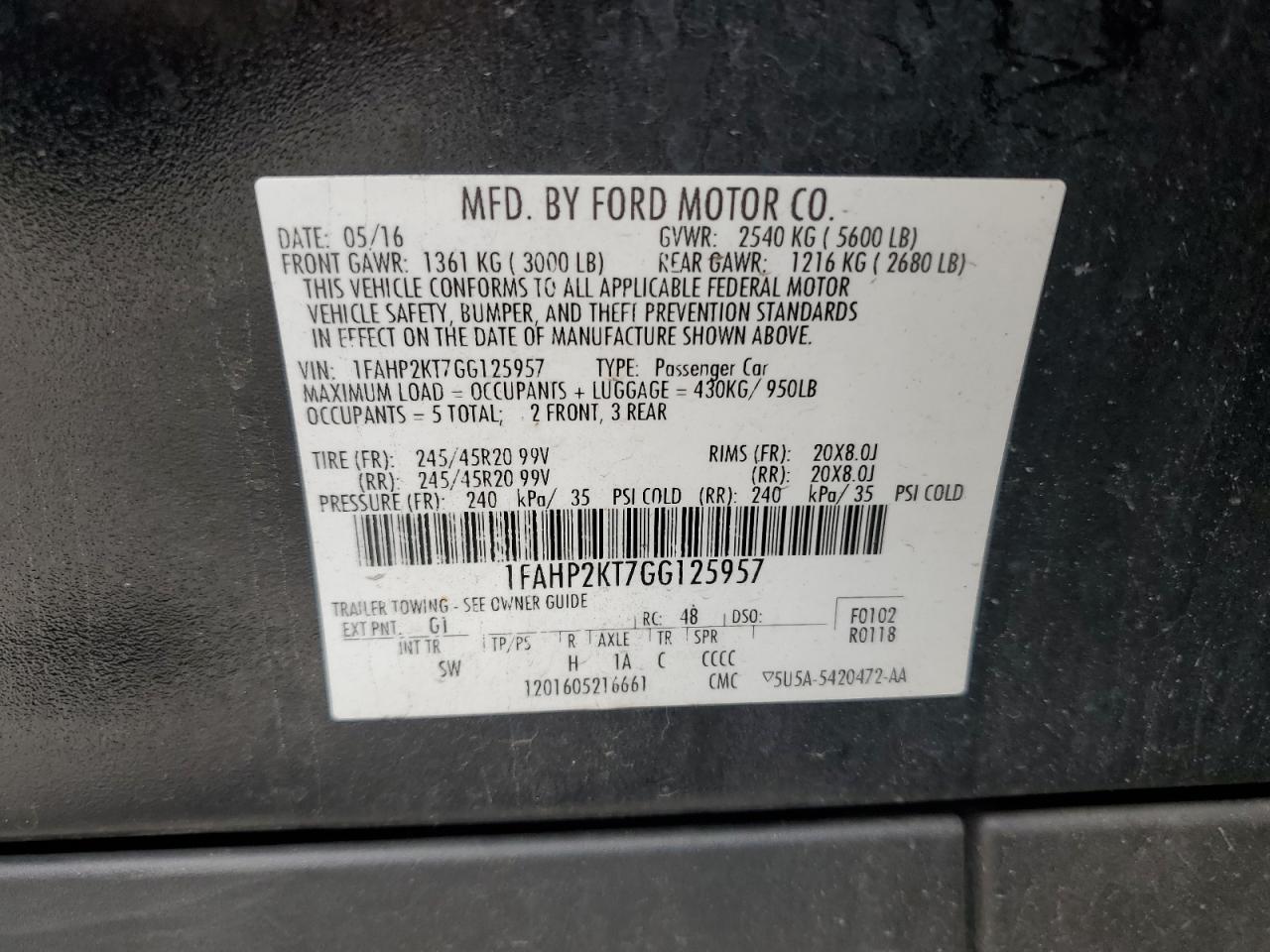 2016 Ford Taurus Sho VIN: 1FAHP2KT7GG125957 Lot: 80175405