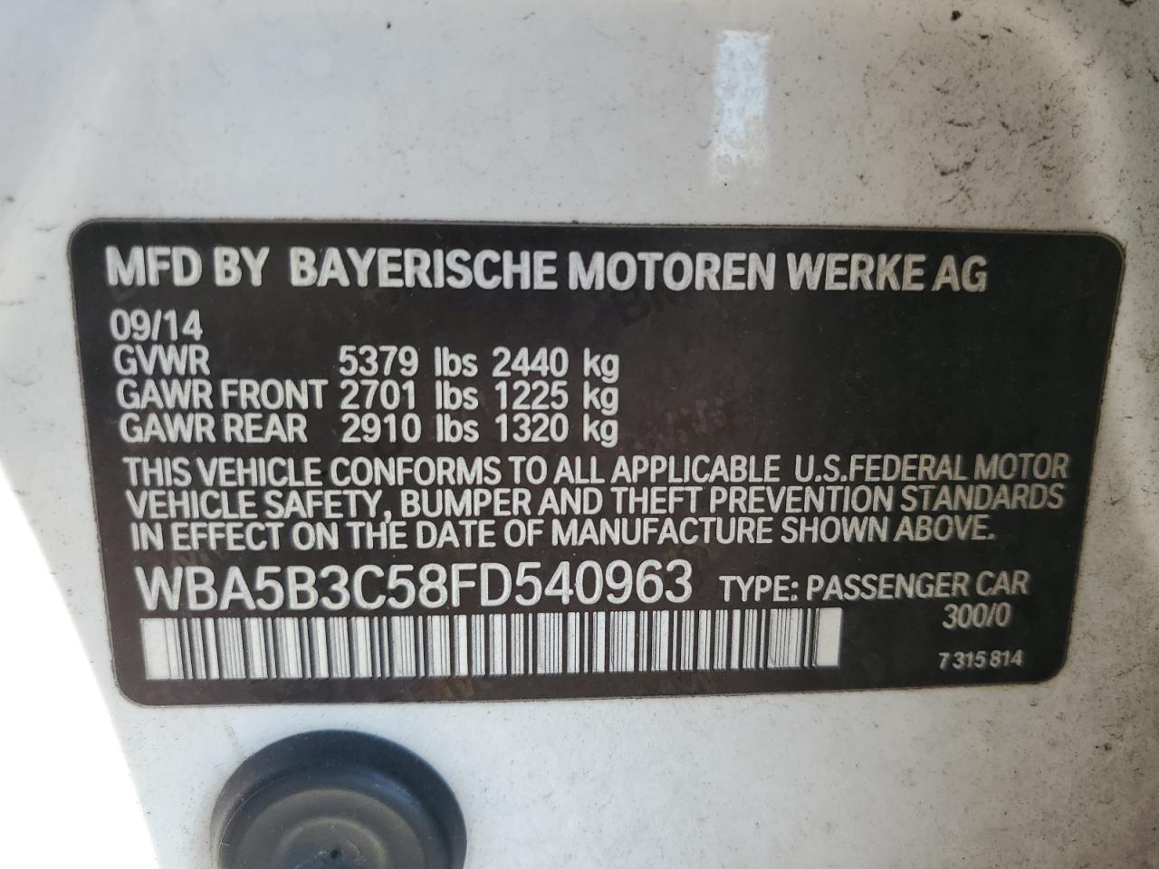 2015 BMW 535 Xi VIN: WBA5B3C58FD540963 Lot: 80101265