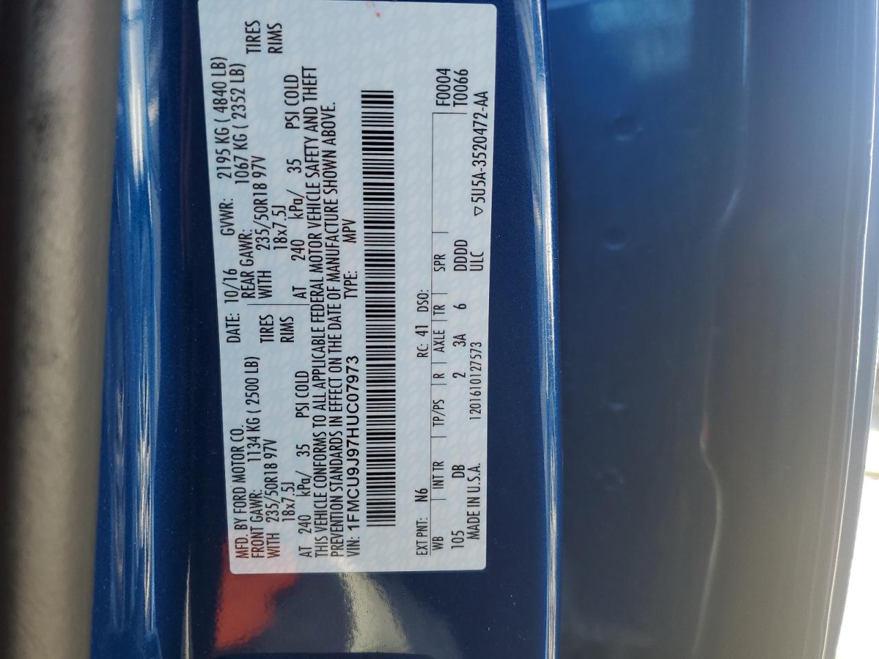 2017 Ford Escape Titanium VIN: 1FMCU9J97HUC07973 Lot: 80717215