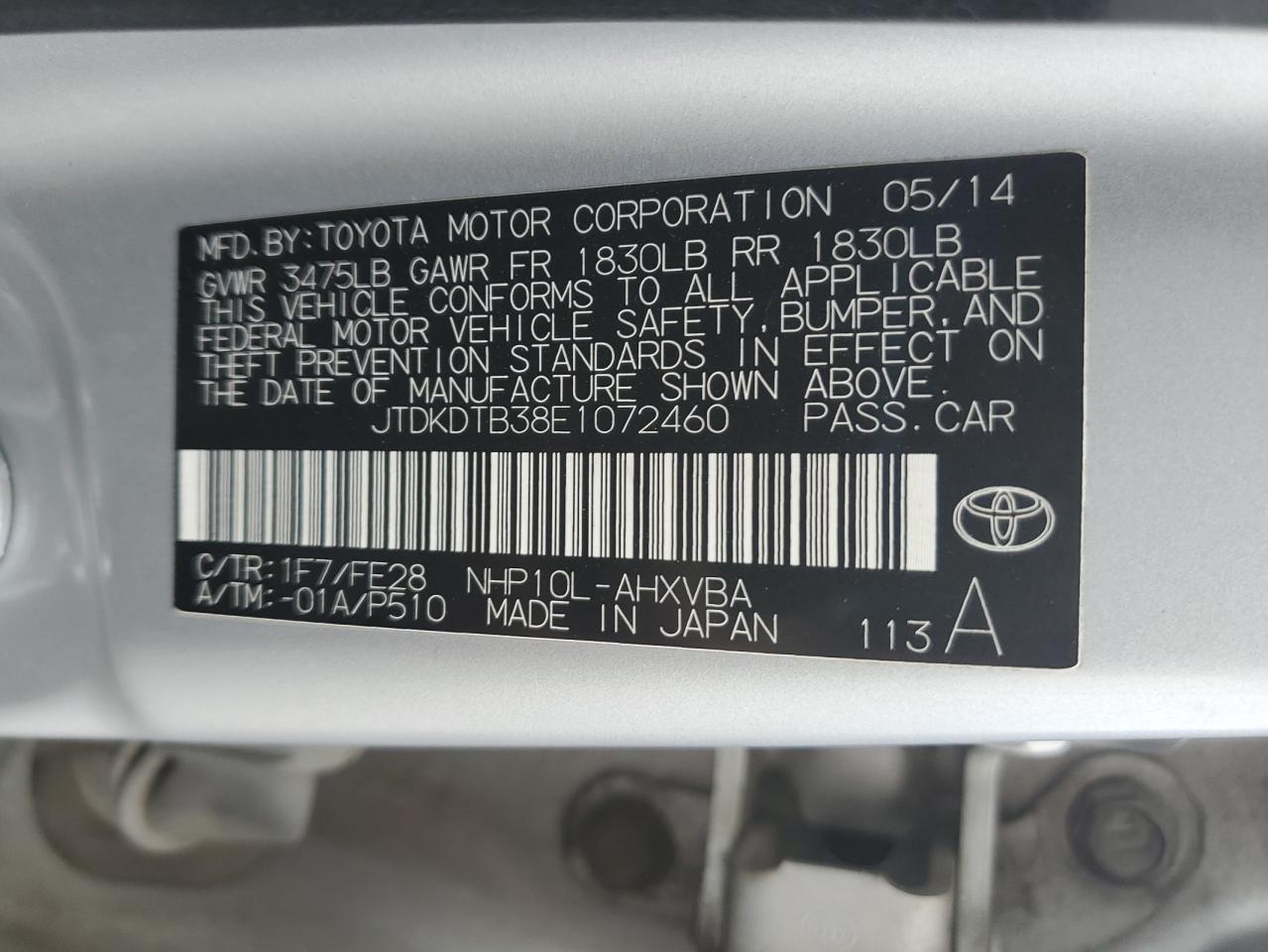 2014 Toyota Prius C VIN: JTDKDTB38E1072460 Lot: 80341025