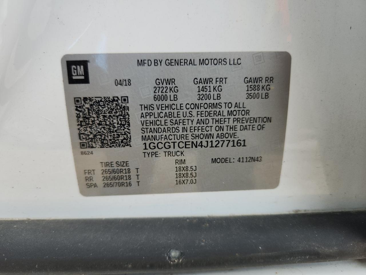 2018 Chevrolet Colorado Lt VIN: 1GCGTCEN4J1277161 Lot: 80128985