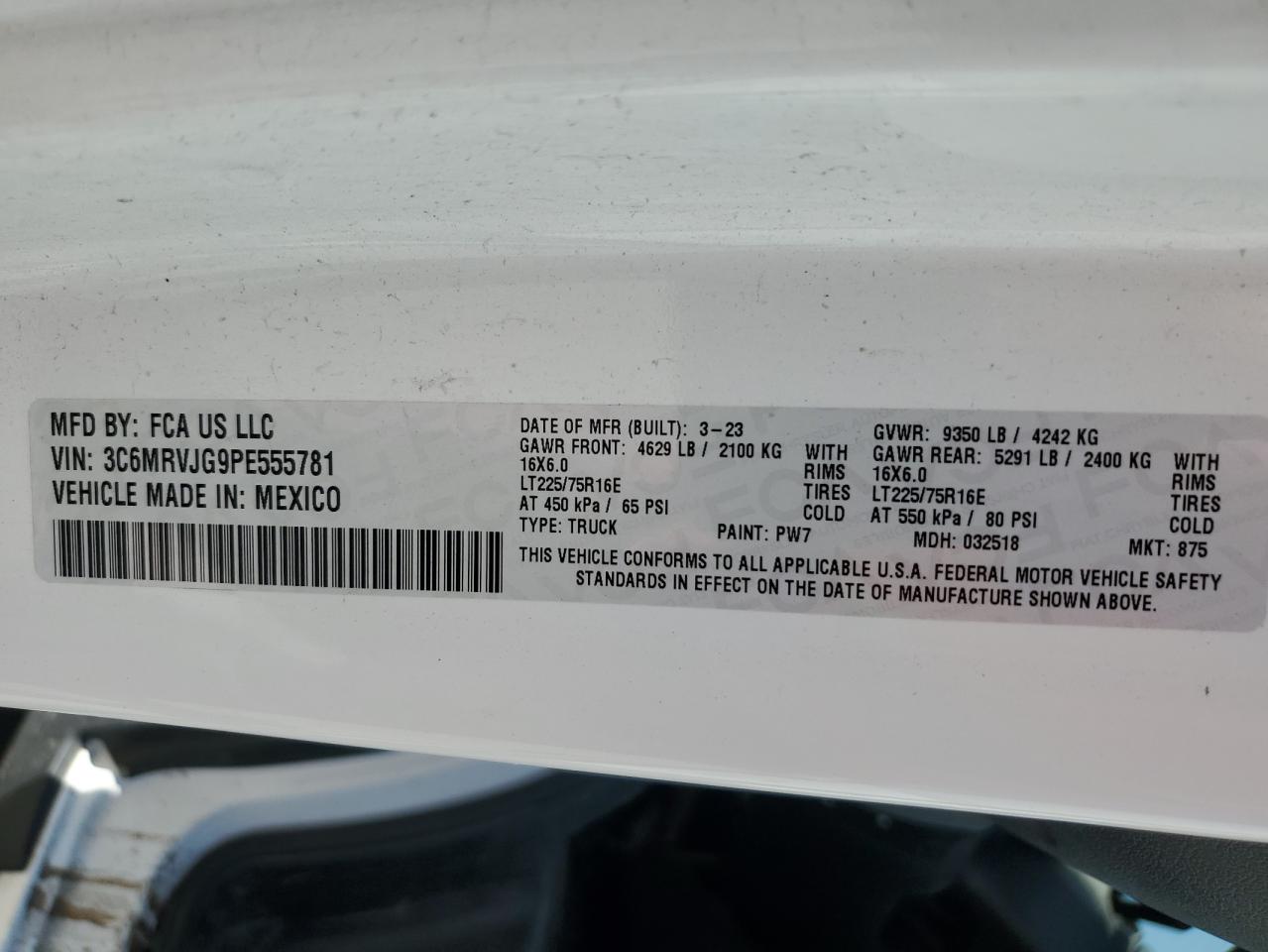 2023 Ram Promaster 3500 3500 High VIN: 3C6MRVJG9PE555781 Lot: 81107465
