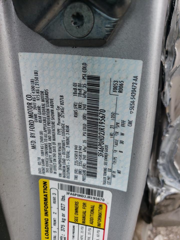 2018 Ford Fusion Se VIN: 3FA6P0HD2JR195670 Lot: 84430565