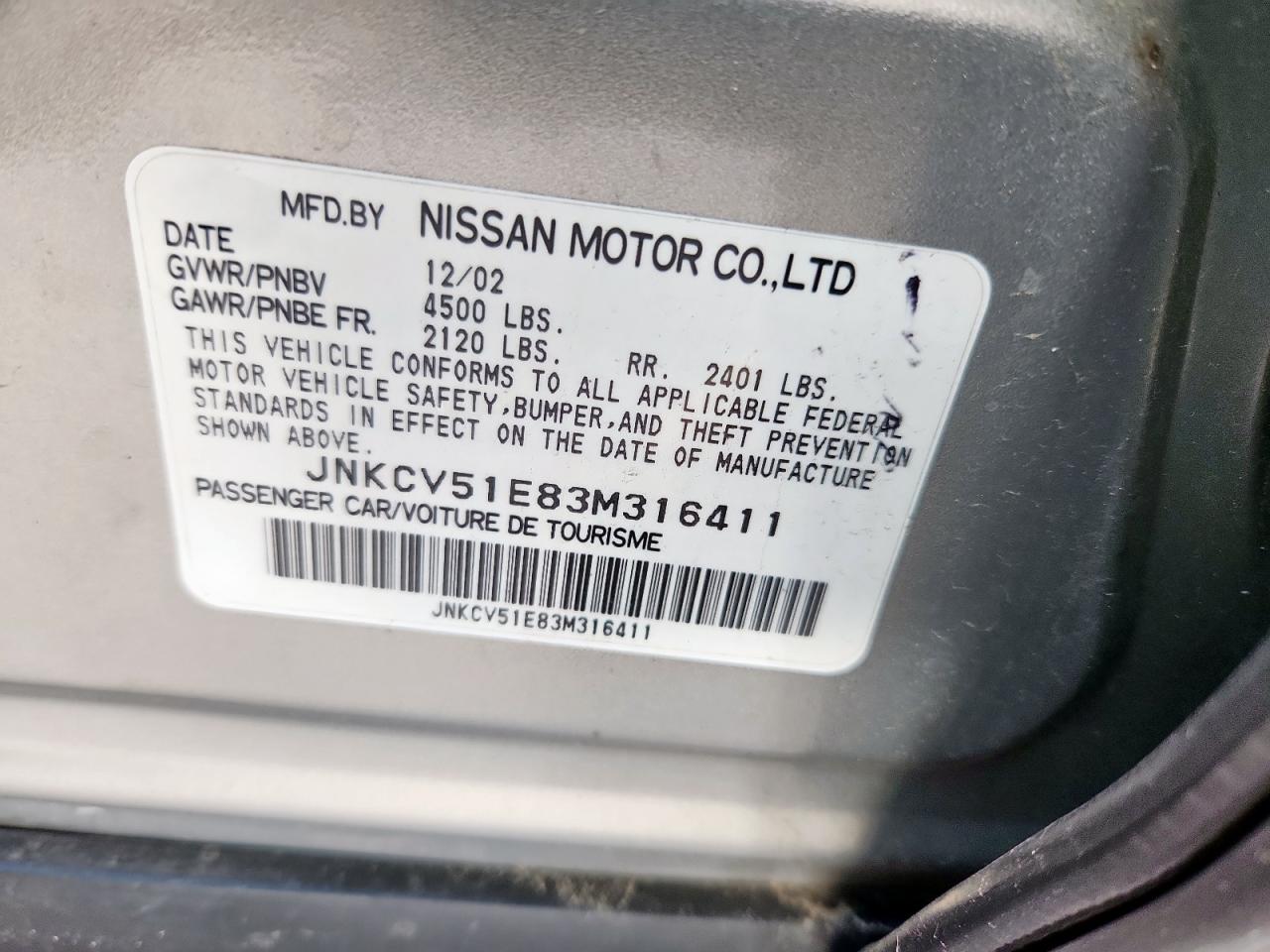 2003 Infiniti G35 VIN: JNKCV51E83M316411 Lot: 84398435