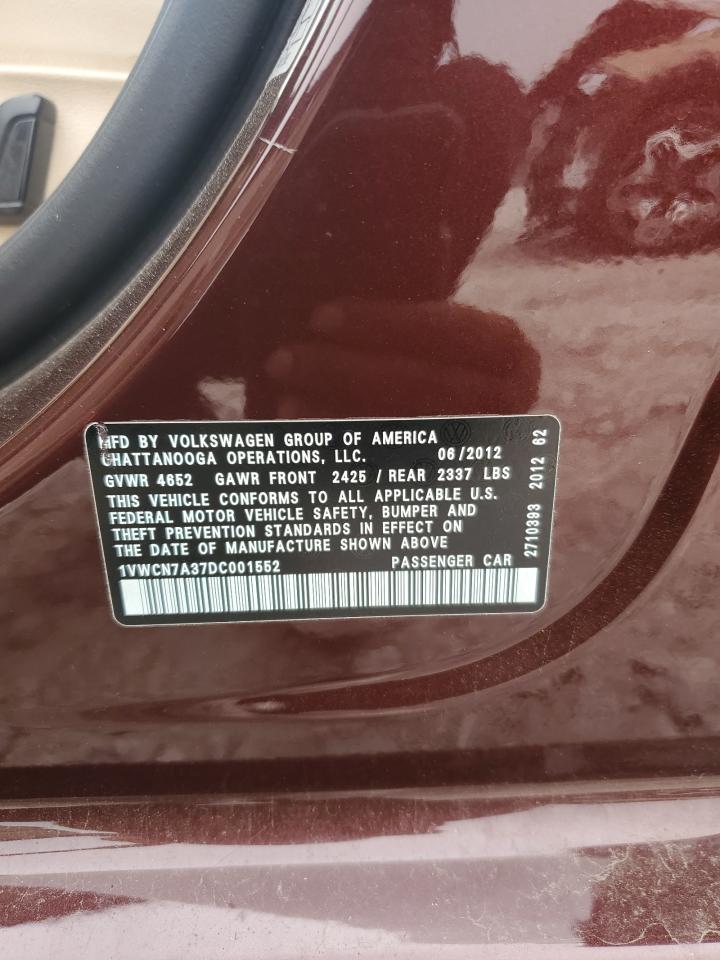 2013 Volkswagen Passat Sel VIN: 1VWCN7A37DC001552 Lot: 71651435
