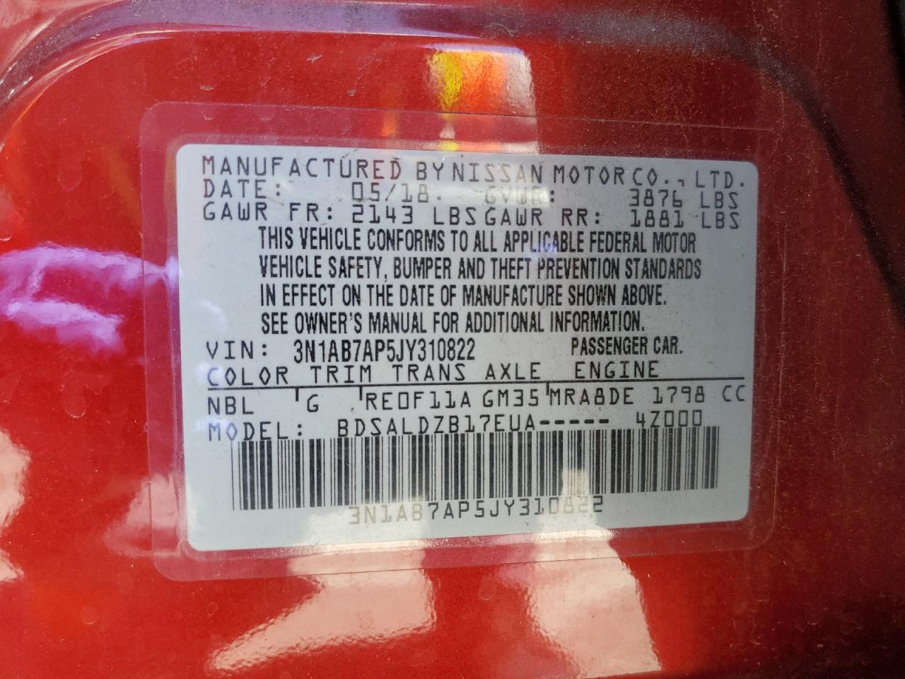 2018 Nissan Sentra S VIN: 3N1AB7AP5JY310822 Lot: 71743345