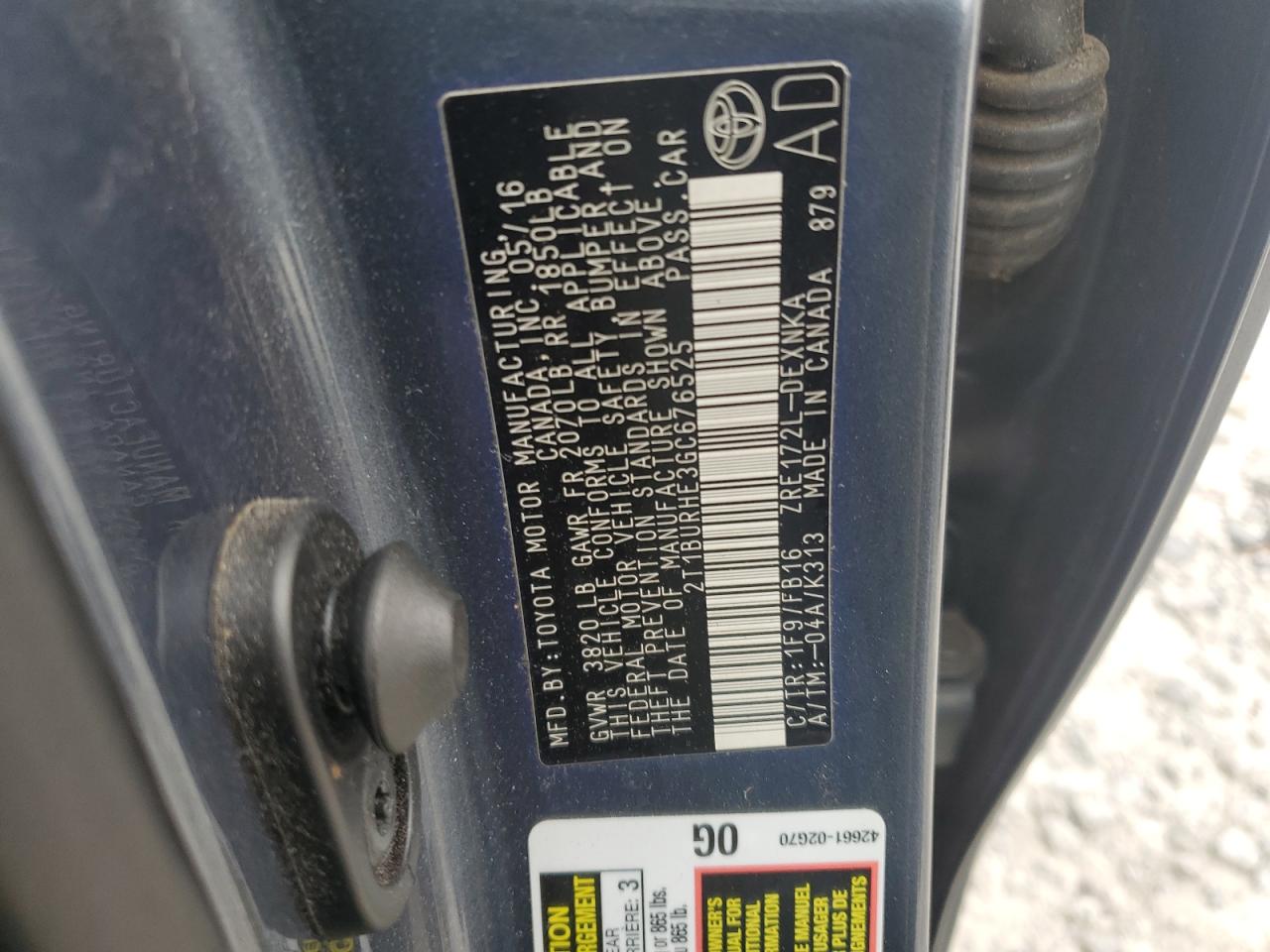 2016 Toyota Corolla L VIN: 2T1BURHE3GC676525 Lot: 84293665