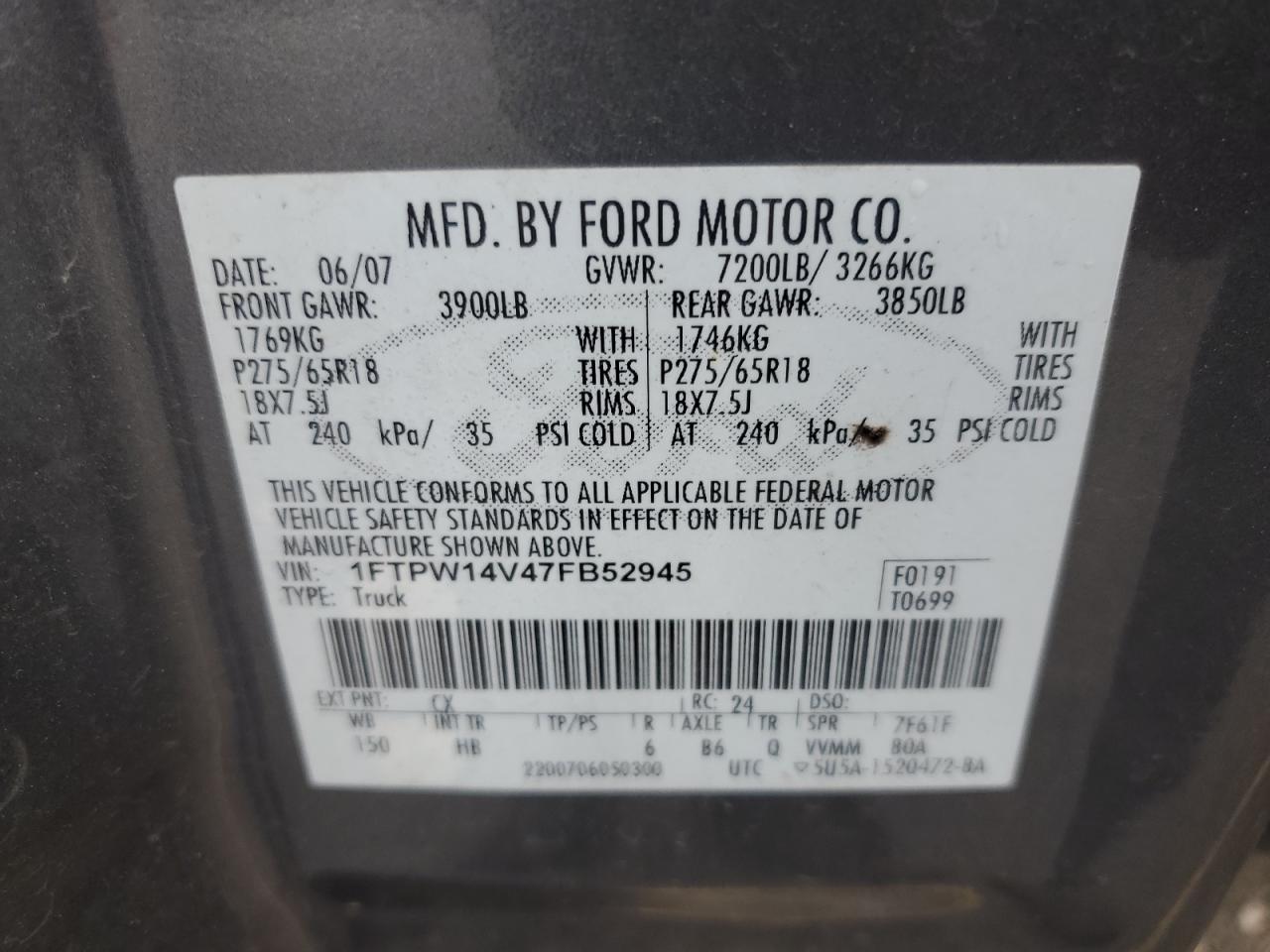 2007 Ford F150 Supercrew VIN: 1FTPW14V47FB52945 Lot: 81428415