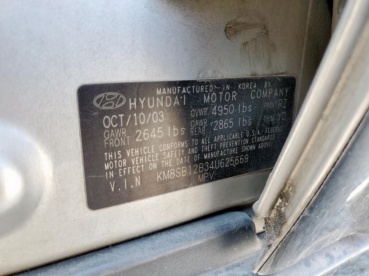 2004 Hyundai Santa Fe Gl VIN: KM8SB12B34U625669 Lot: 80537915