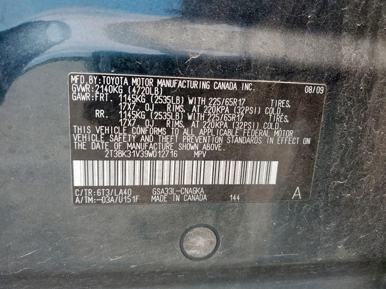 2009 Toyota Rav4 Limited VIN: 2T3BK31V39W012716 Lot: 84648315