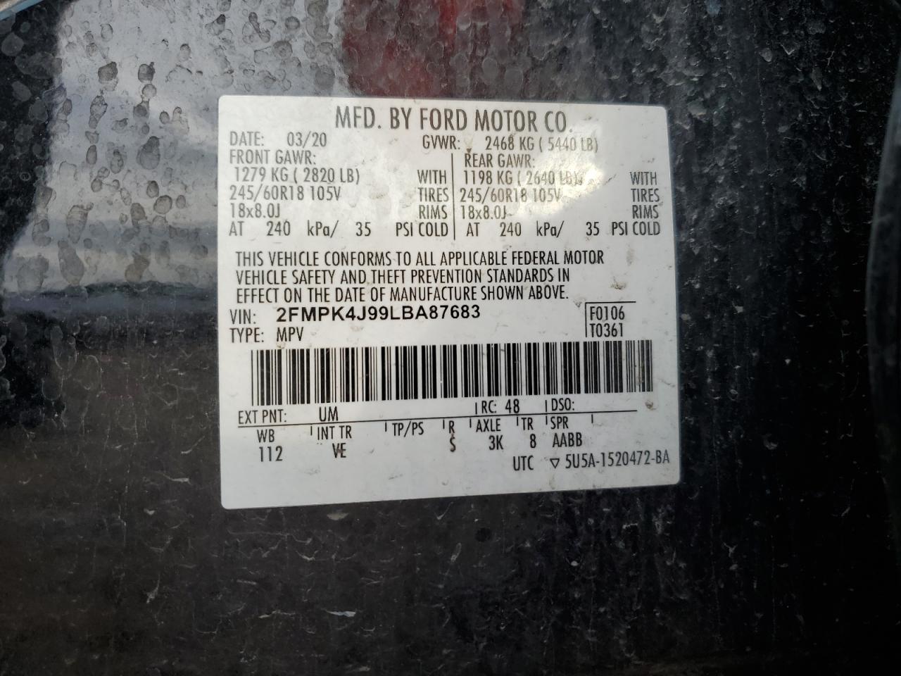 2020 Ford Edge Sel VIN: 2FMPK4J99LBA87683 Lot: 81704405