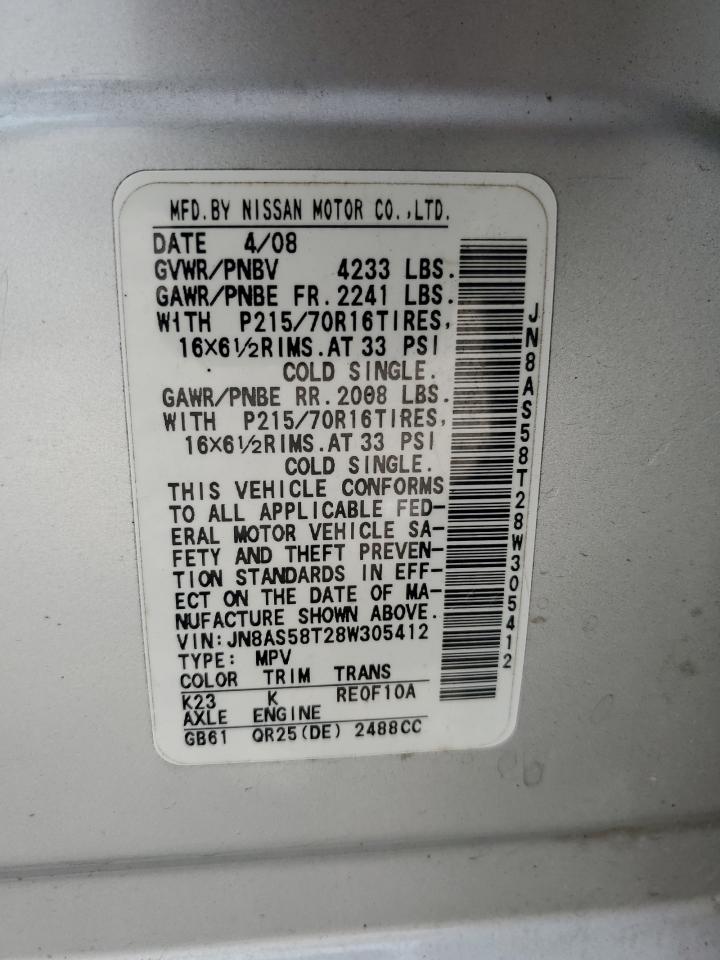 2008 Nissan Rogue S VIN: JN8AS58T28W305412 Lot: 84357775