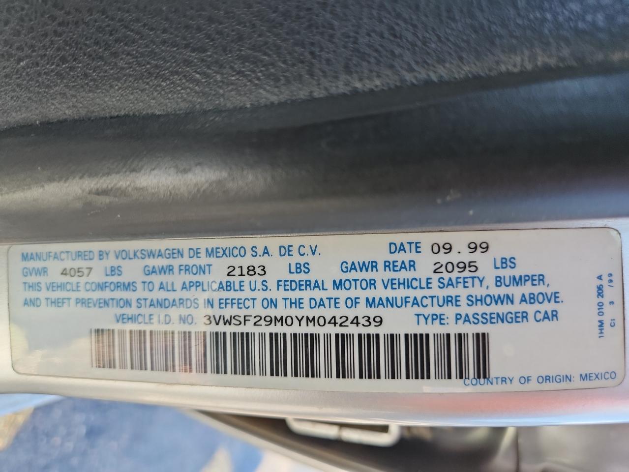 2000 Volkswagen Jetta Gls Tdi VIN: 3VWSF29M0YM042439 Lot: 82137785