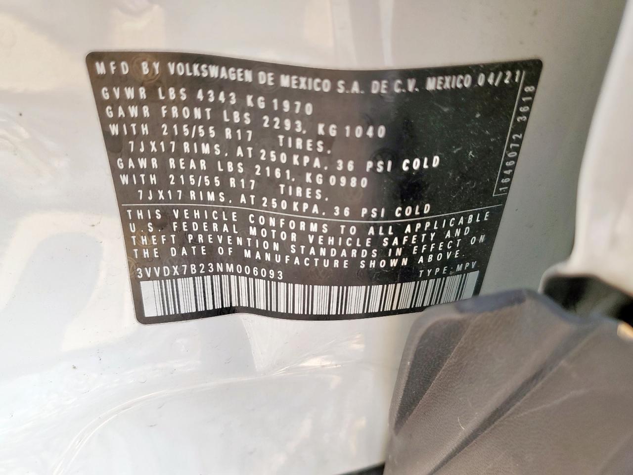 2022 Volkswagen Taos S VIN: 3VVDX7B23NM006093 Lot: 71318935