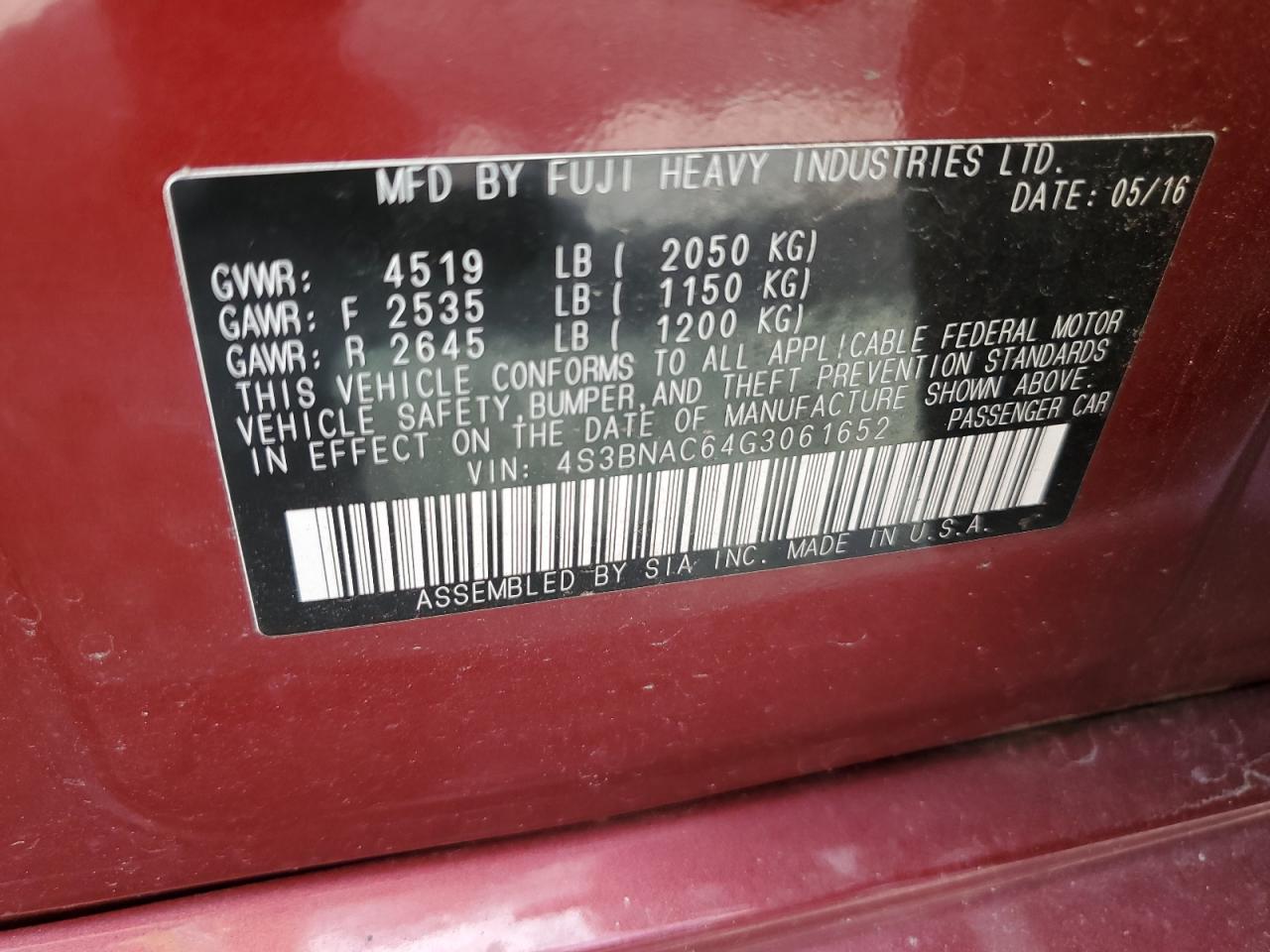 2016 Subaru Legacy 2.5I Premium VIN: 4S3BNAC64G3061652 Lot: 80654795