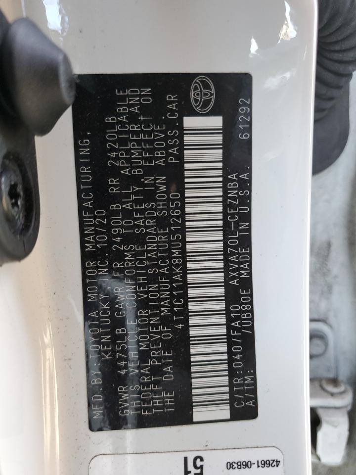 2021 Toyota Camry Le VIN: 4T1C11AK8MU512650 Lot: 81542065