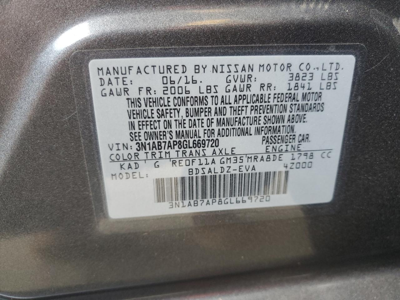 2016 Nissan Sentra S VIN: 3N1AB7AP8GL669720 Lot: 72042385