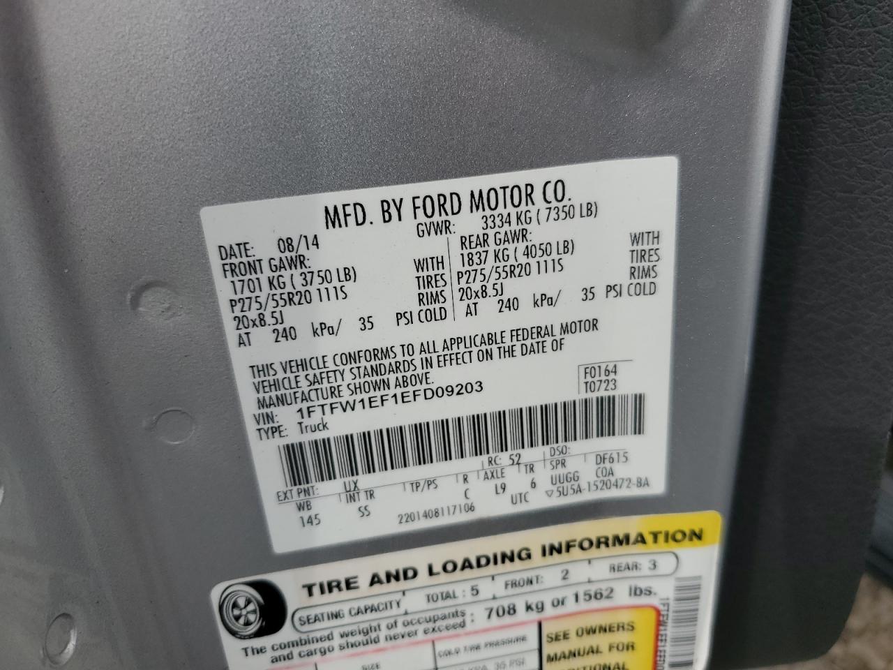 2014 Ford F150 Supercrew VIN: 1FTFW1EF1EFD09203 Lot: 84558145