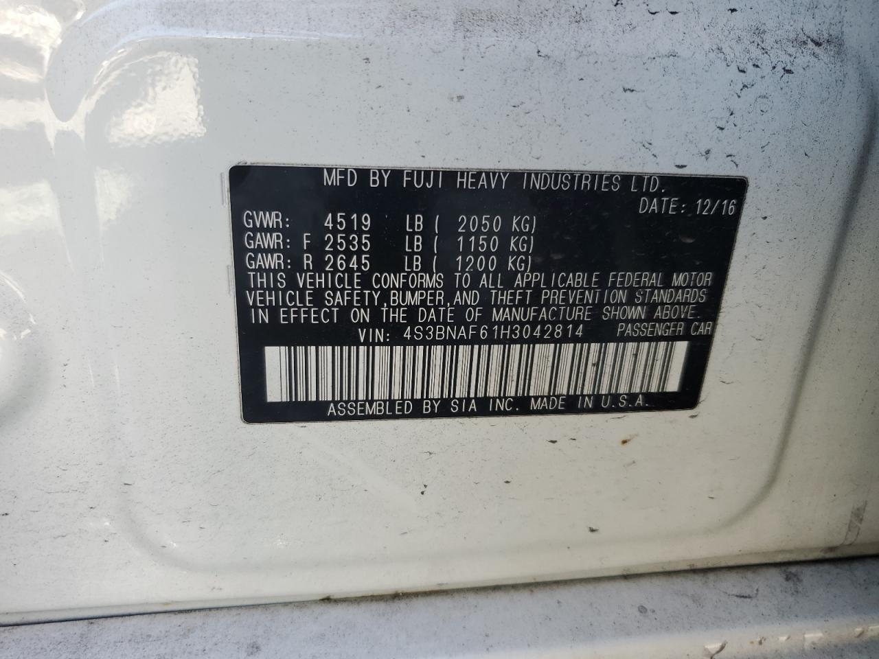 2017 Subaru Legacy 2.5I Premium VIN: 4S3BNAF61H3042814 Lot: 81645235