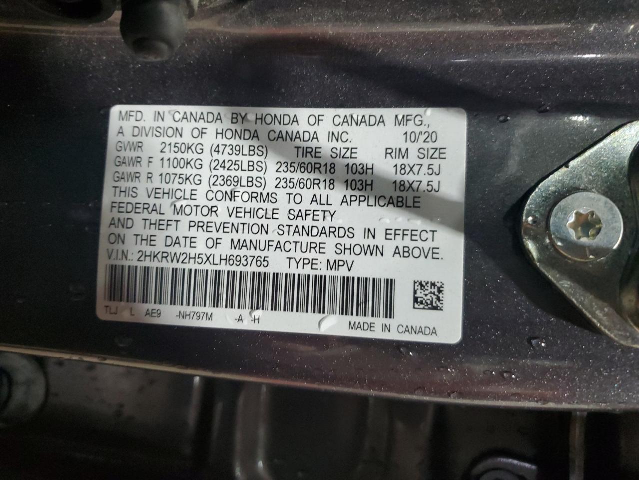 2020 Honda Cr-V Ex VIN: 2HKRW2H5XLH693765 Lot: 83876795