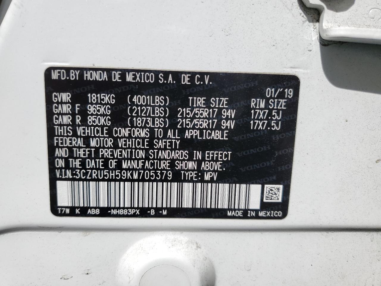 2019 Honda Hr-V Ex VIN: 3CZRU5H59KM705379 Lot: 84431845