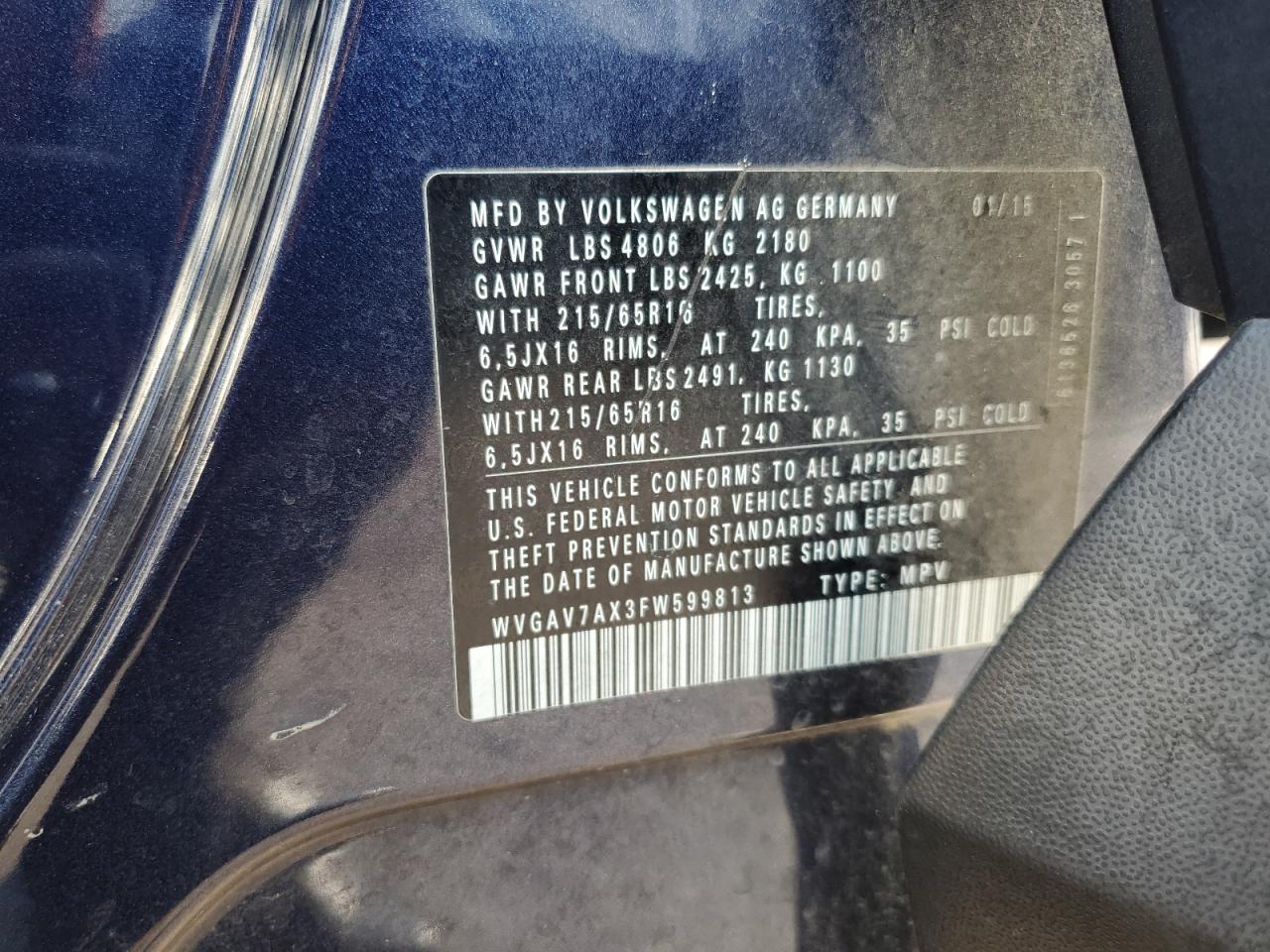 2015 Volkswagen Tiguan S VIN: WVGAV7AX3FW599813 Lot: 81633345