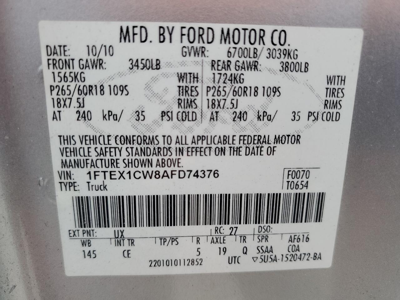 2010 Ford F150 Super Cab VIN: 1FTEX1CW8AFD74376 Lot: 84368955