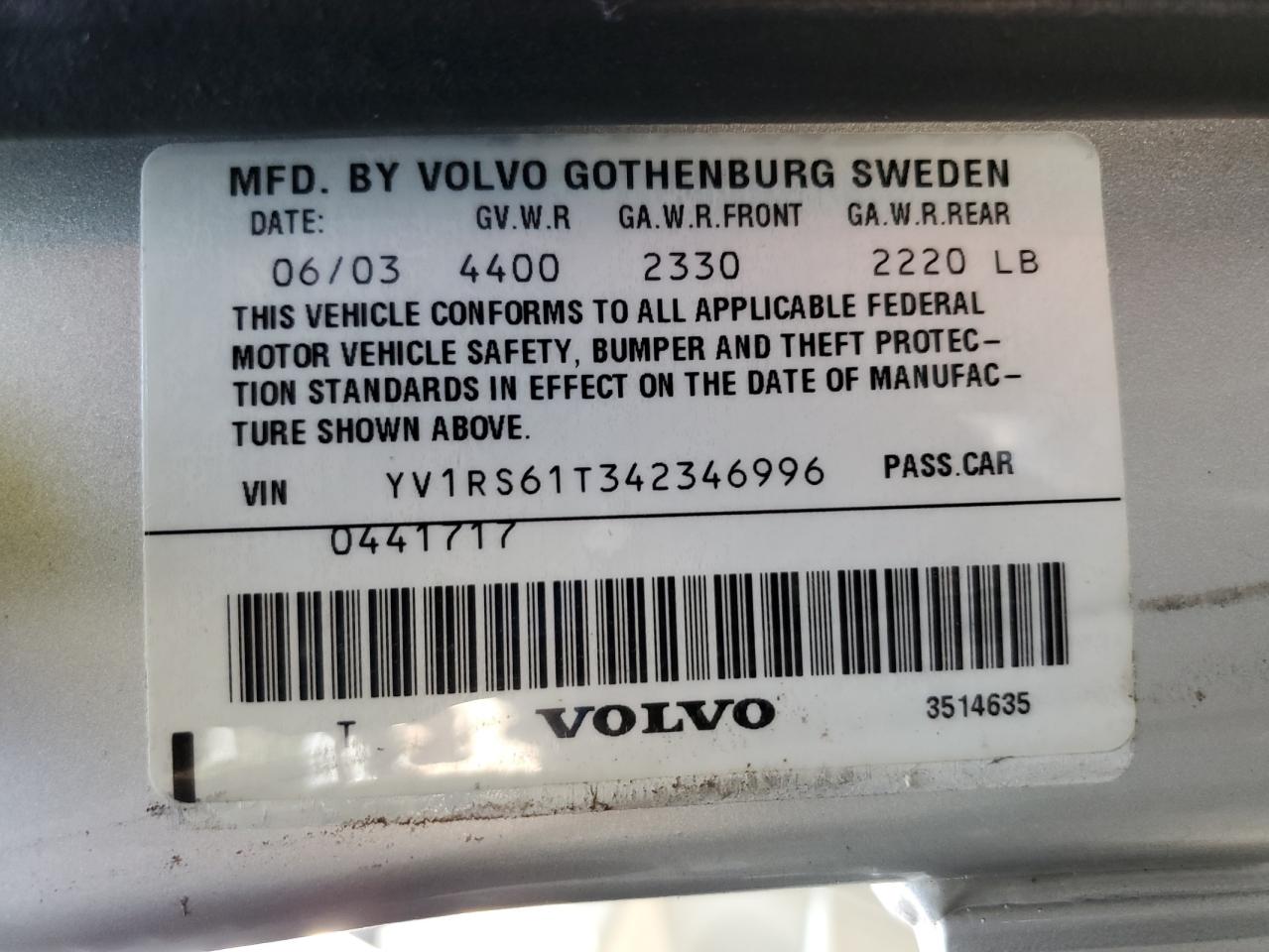 2004 Volvo S60 VIN: YV1RS61T342346996 Lot: 81683455