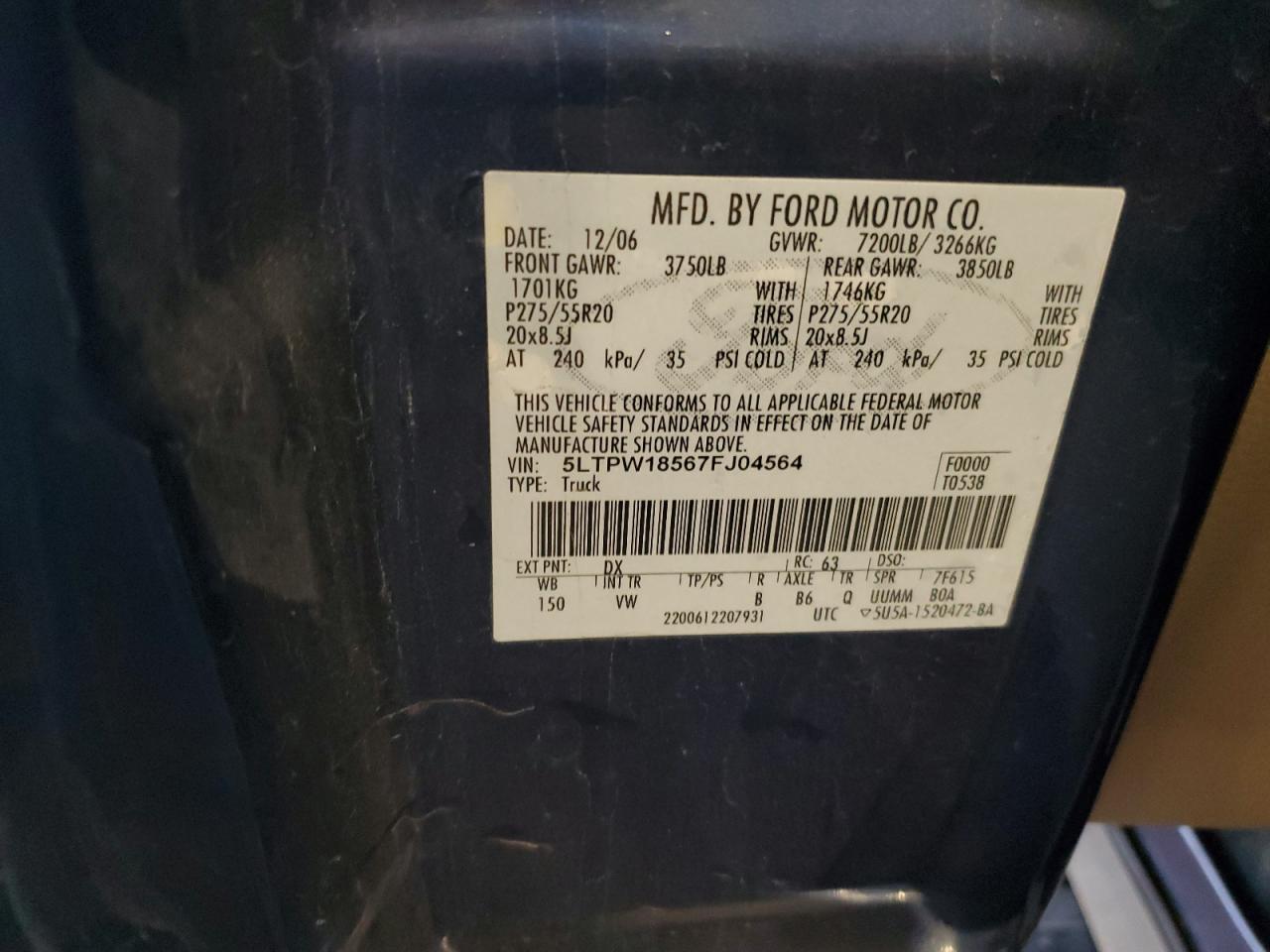 2007 Lincoln Mark Lt VIN: 5LTPW18567FJ04564 Lot: 71920735