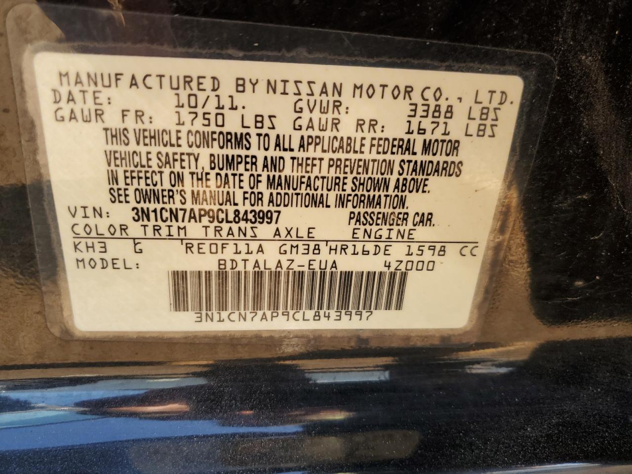 2012 Nissan Versa S VIN: 3N1CN7AP9CL843997 Lot: 80126865