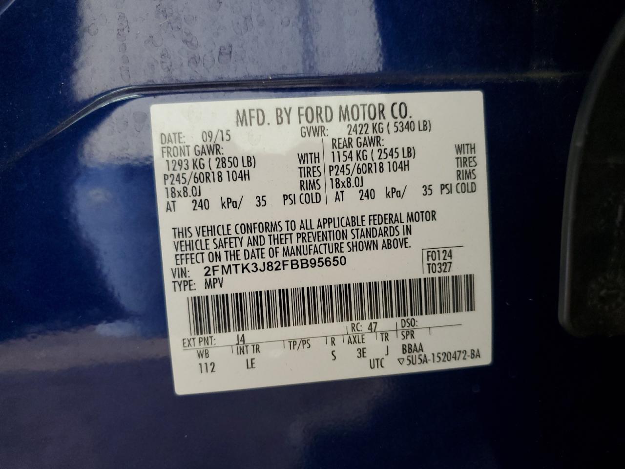 2015 Ford Edge Sel VIN: 2FMTK3J82FBB95650 Lot: 80747735