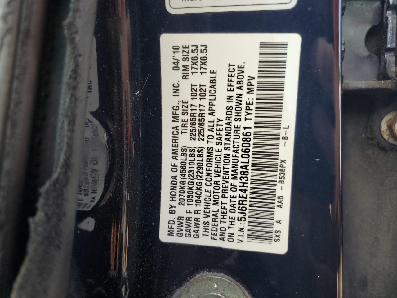 2010 Honda Cr-V Lx VIN: 5J6RE4H38AL060861 Lot: 72011845