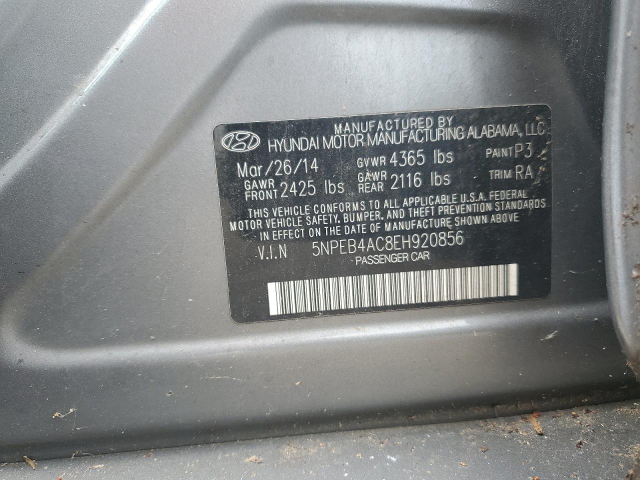 2014 Hyundai Sonata Gls VIN: 5NPEB4AC8EH920856 Lot: 83760385