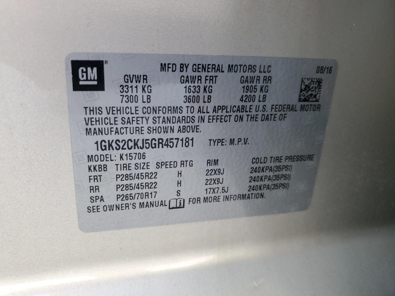 2016 GMC Yukon Denali VIN: 1GKS2CKJ5GR457181 Lot: 80743225