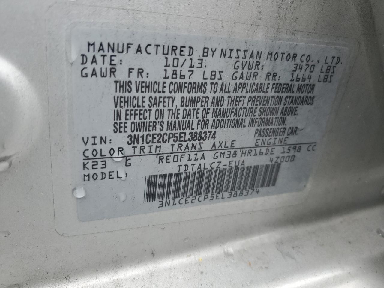 2014 Nissan Versa Note S VIN: 3N1CE2CP5EL388374 Lot: 80903185