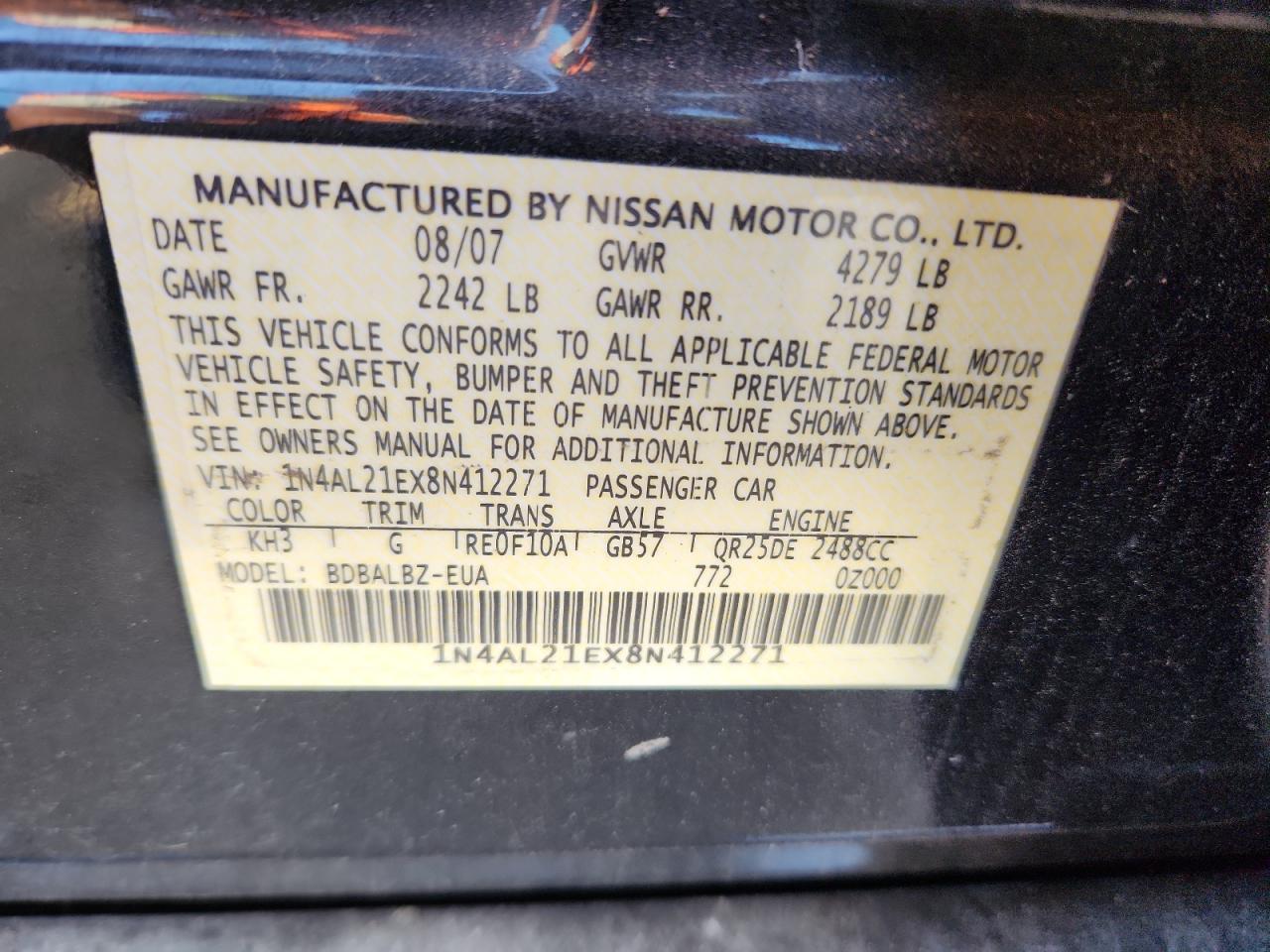2008 Nissan Altima 2.5 VIN: 1N4AL21EX8N412271 Lot: 81269065