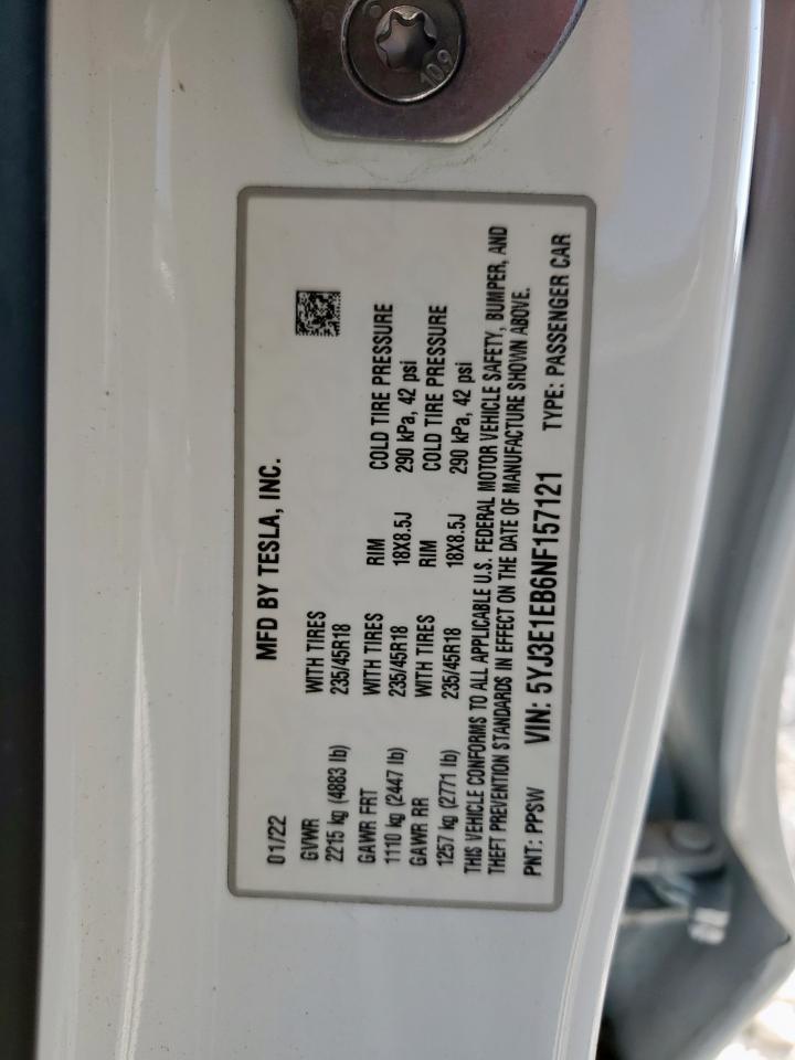 2022 Tesla Model 3 VIN: 5YJ3E1EB6NF157121 Lot: 83772475