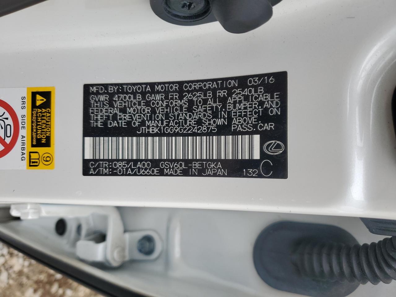 2016 Lexus Es 350 VIN: JTHBK1GG9G2242875 Lot: 82070245