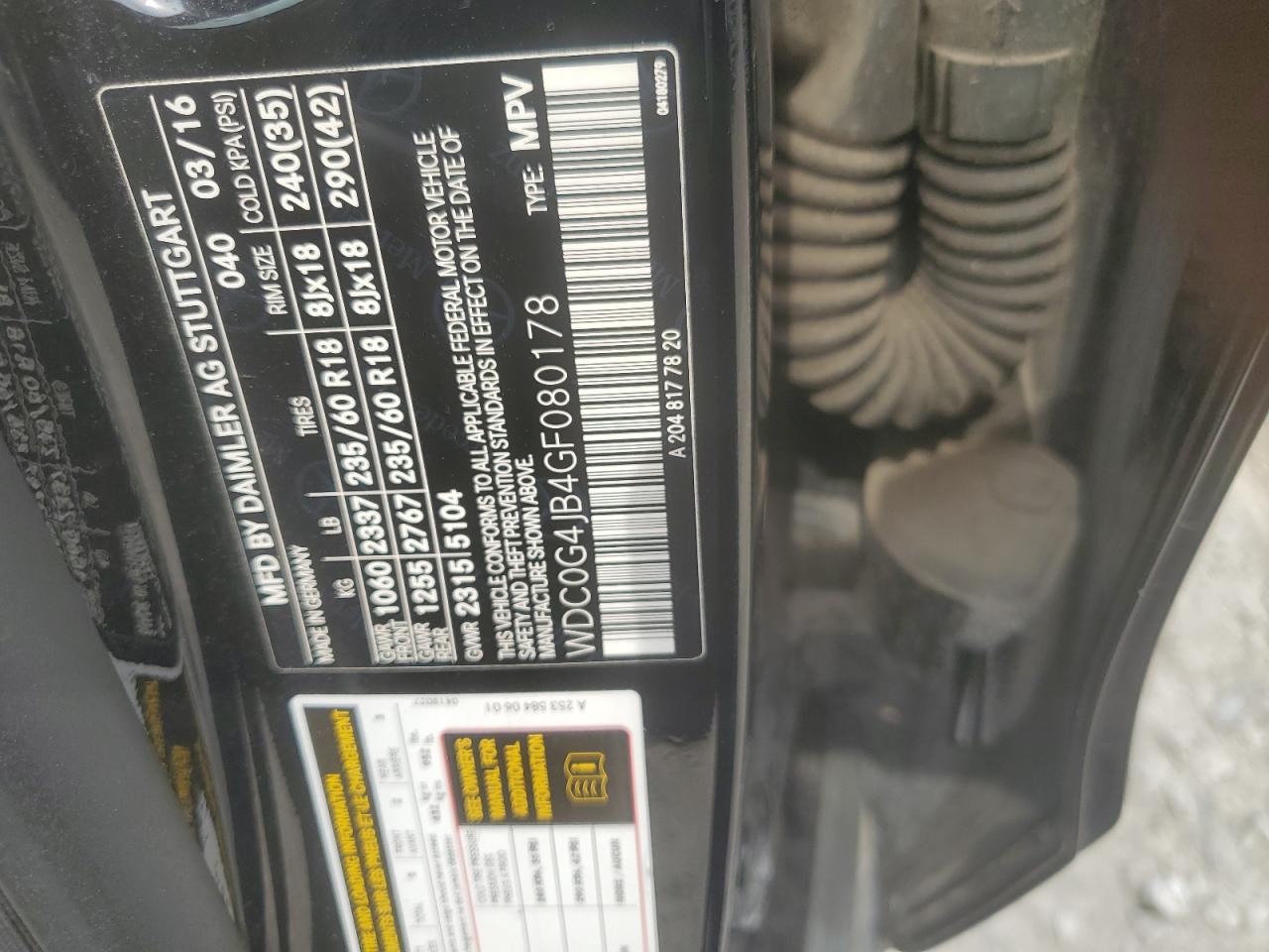 2016 Mercedes-Benz Glc 300 VIN: WDC0G4JB4GF080178 Lot: 72048395