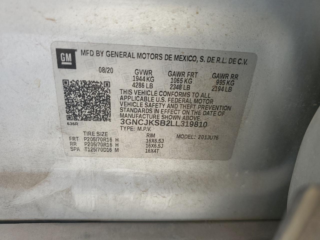 2020 Chevrolet Trax Ls VIN: 3GNCJKSB2LL319810 Lot: 80701925