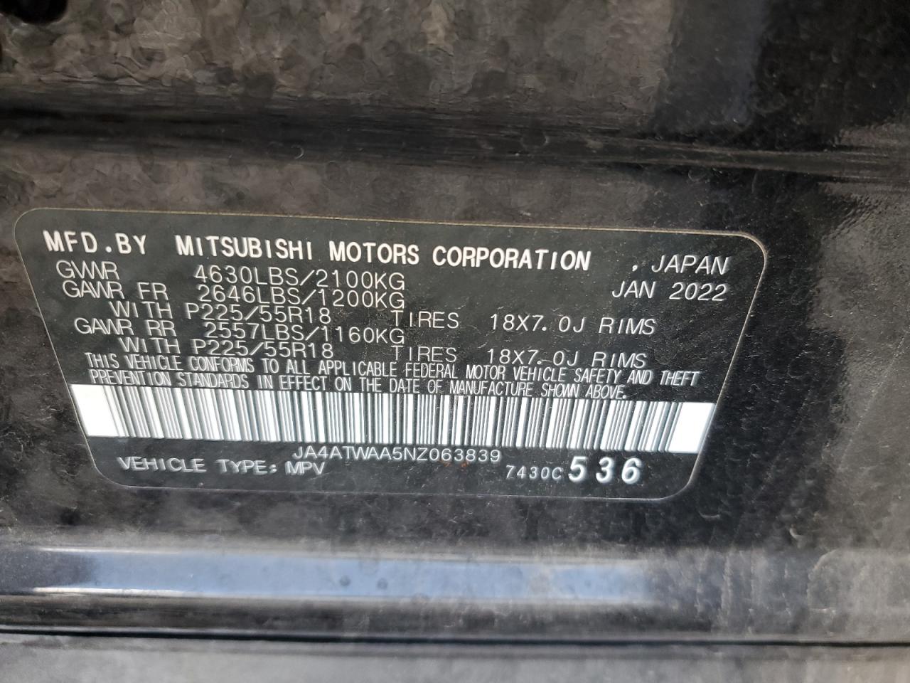 2022 Mitsubishi Eclipse Cross Se VIN: JA4ATWAA5NZ063839 Lot: 71880325