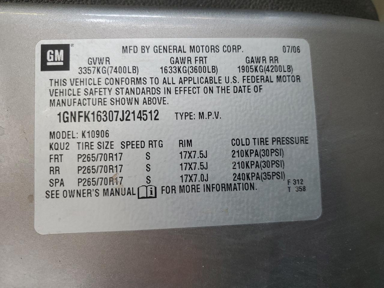 2007 Chevrolet Suburban K1500 VIN: 1GNFK16307J214512 Lot: 81613355