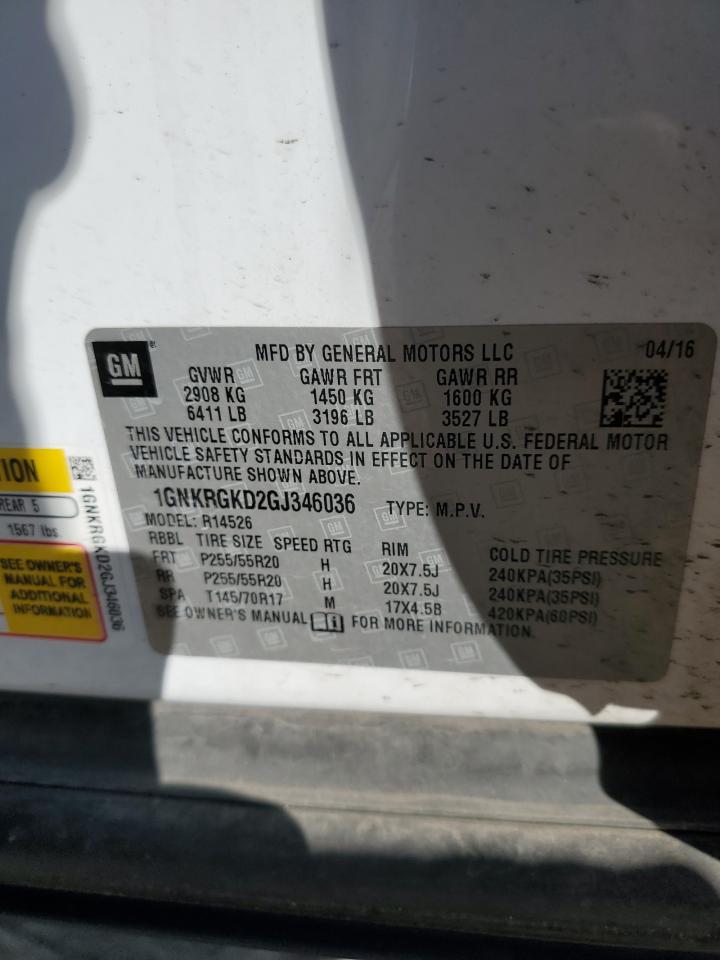 2016 Chevrolet Traverse Lt VIN: 1GNKRGKD2GJ346036 Lot: 81189635
