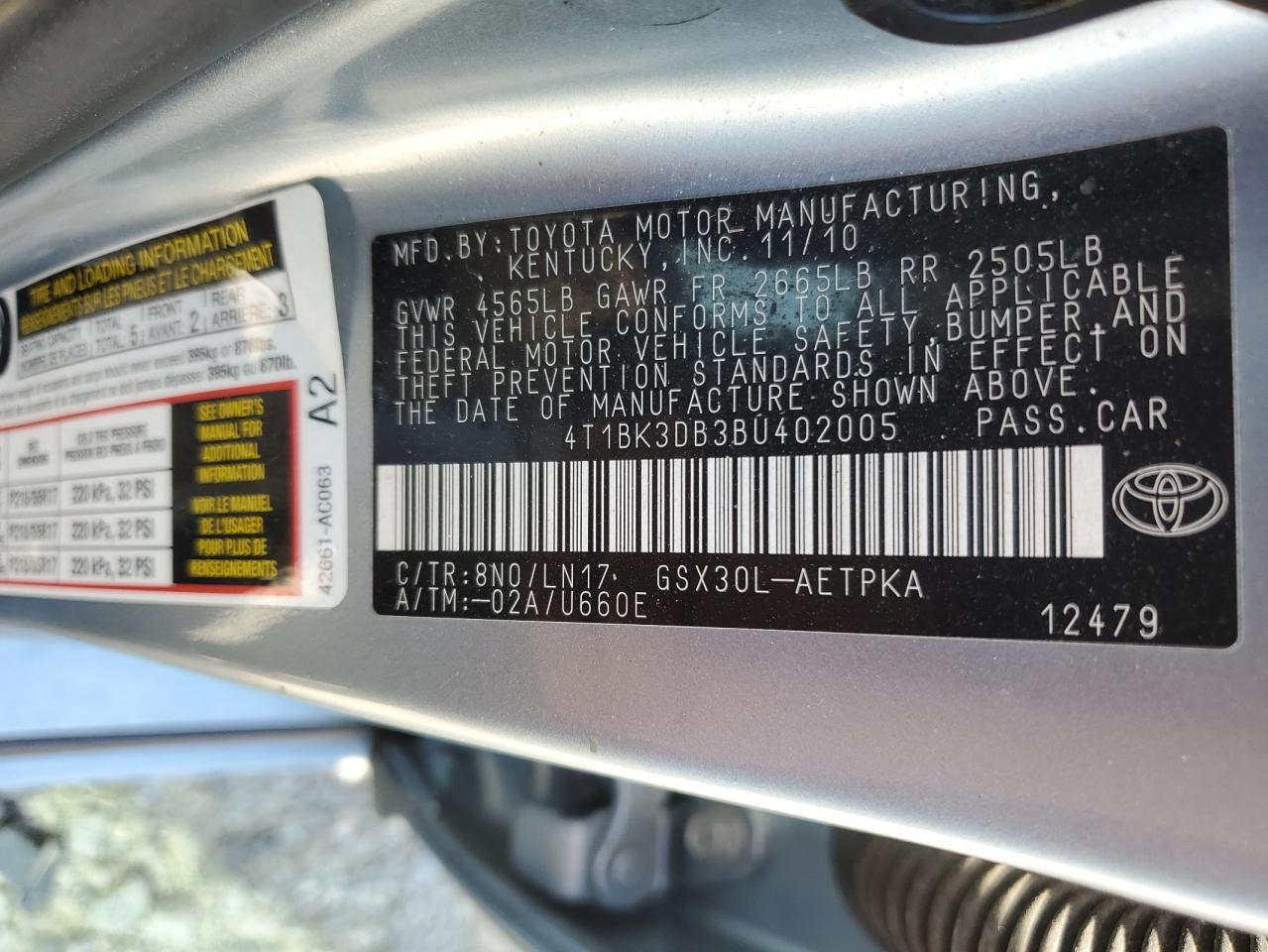 2011 Toyota Avalon Base VIN: 4T1BK3DB3BU402005 Lot: 80144125