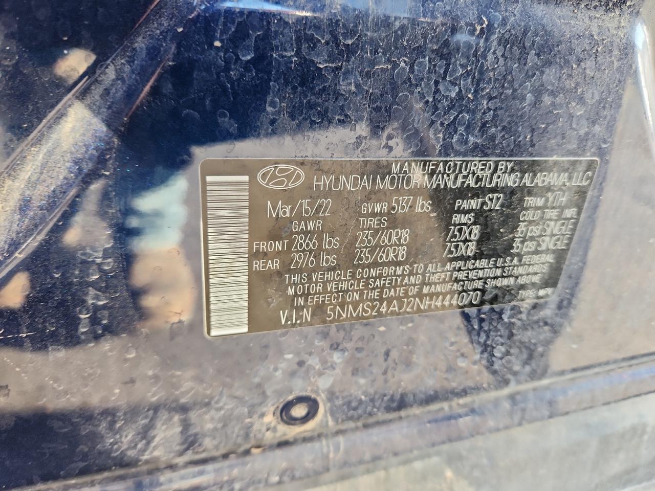 2022 Hyundai Santa Fe Sel VIN: 5NMS24AJ2NH444070 Lot: 80317315